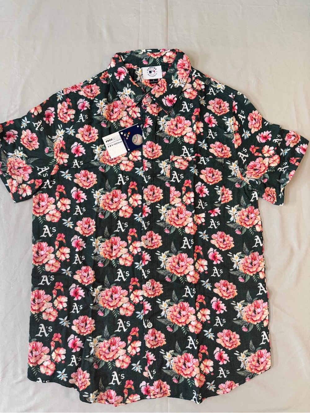 Oakland A’s Floral Short-Sleeve Button-Up Shirt - Black with Pink Floral